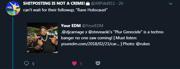 A Tweet by @ARPdid911 talking about DJ Carnage & Steve Aoki